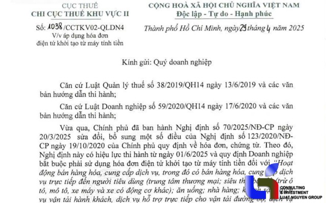 cong van 1038 cua chi cuc thue khu vuc ii ve ap dung hddt khoi tao tu may tinh tien