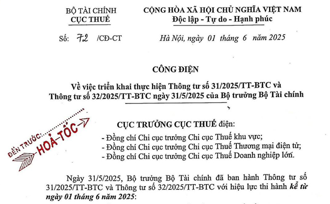 Công điện số 72/CĐ-CT về triển khai Thông tư 32/2025/TT-BTC