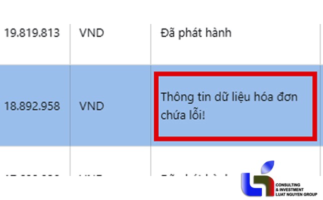 Hình 1: Trạng thái hóa đơn là: “Thông tin dữ liệu hóa đơn chứa lỗi!”