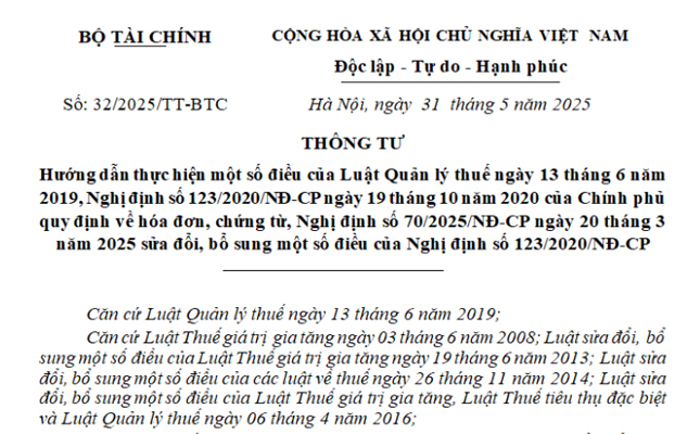 thong tu 32 2025 tt btc huong dan moi nhat ve quan ly thue hoa don chung tu