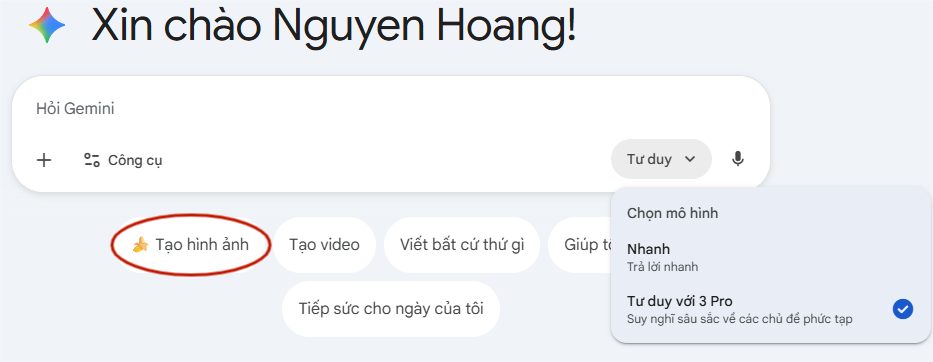 Chon vào icon Nano Banana Pro hiện có trong đoạn chat mới