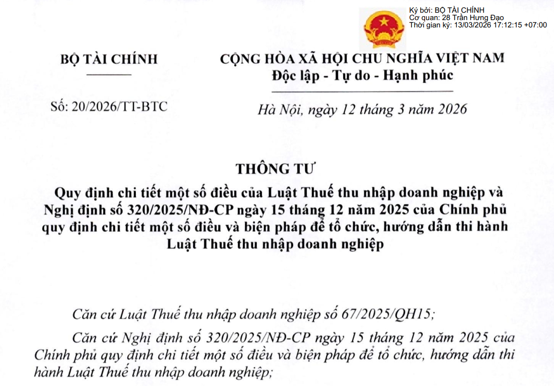 Thông tư 20/2026/TT-BTC hướng dẫn Luật Thuế TNDN và Nghị định 320/2025/NĐ-CP. Nguồn: Bộ tài chính
