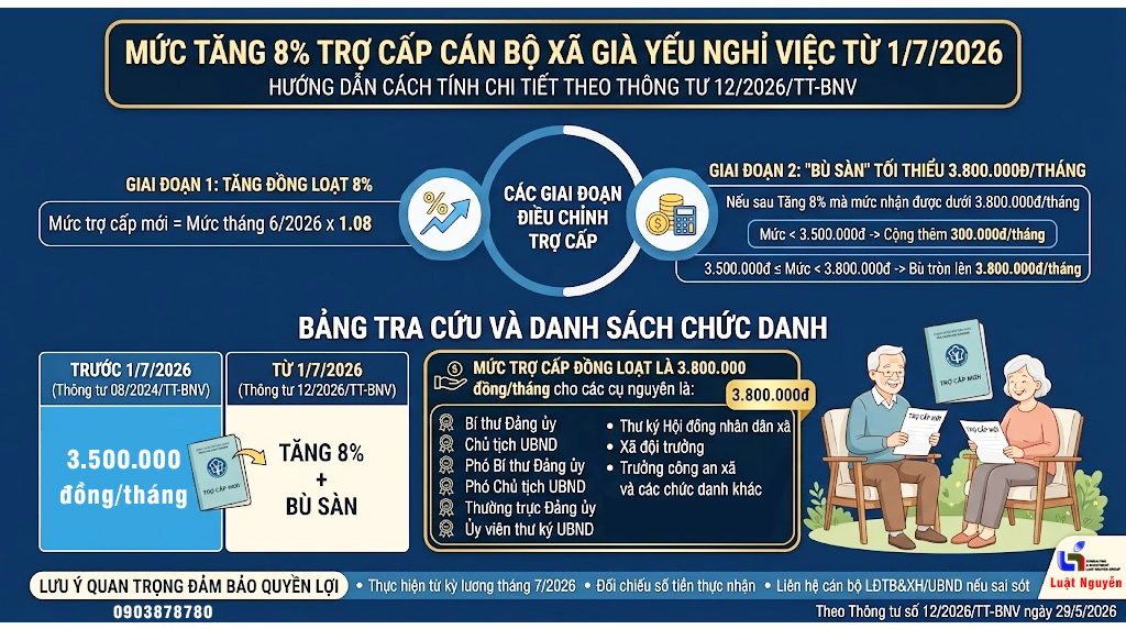Tăng 8% trợ cấp cán bộ xã già yếu nghỉ việc từ 1/7/2026