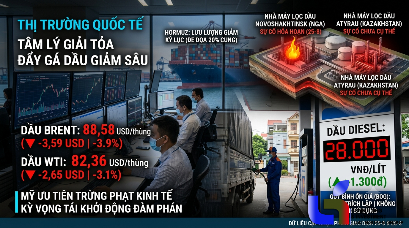 Giá xăng dầu 26-8: Dầu thế giới lao dốc mạnh