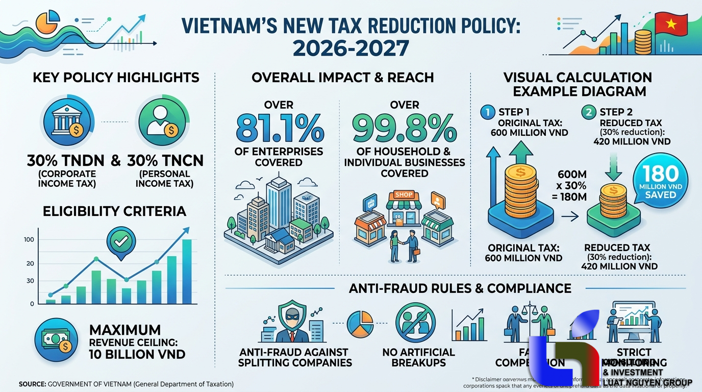 Giảm 30% thuế TNDN và TNCN 2026–2027: Quy định gộp ưu đãi