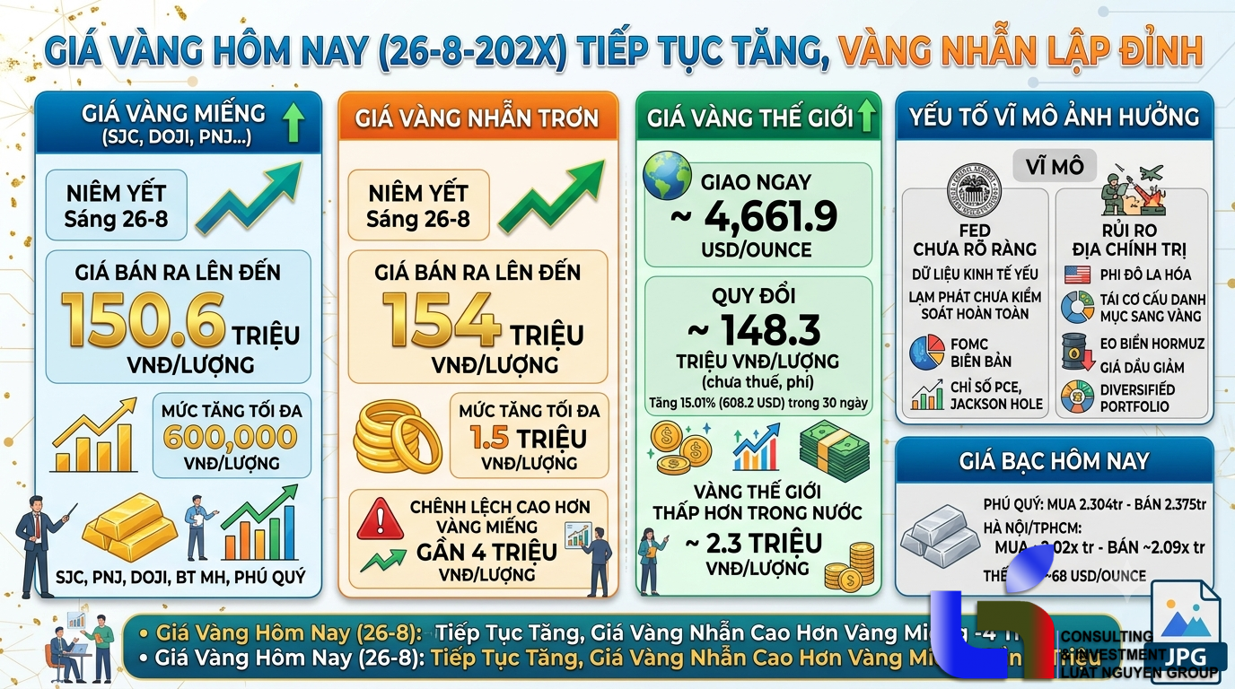 Giá vàng hôm nay 26-8: Vàng nhẫn đắt hơn vàng miếng gần 4 triệu